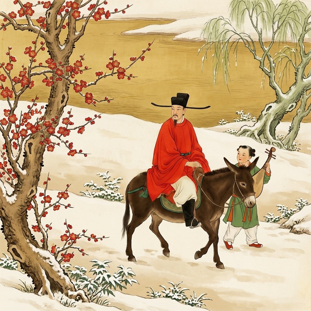 踏雪寻梅 Nano banana pro prompt：1. 基本风格 (Art Style)• 绘画流派：没骨画风格 (Mogu Style)• 表现手法：中国传统水墨与重彩晕染，强调以