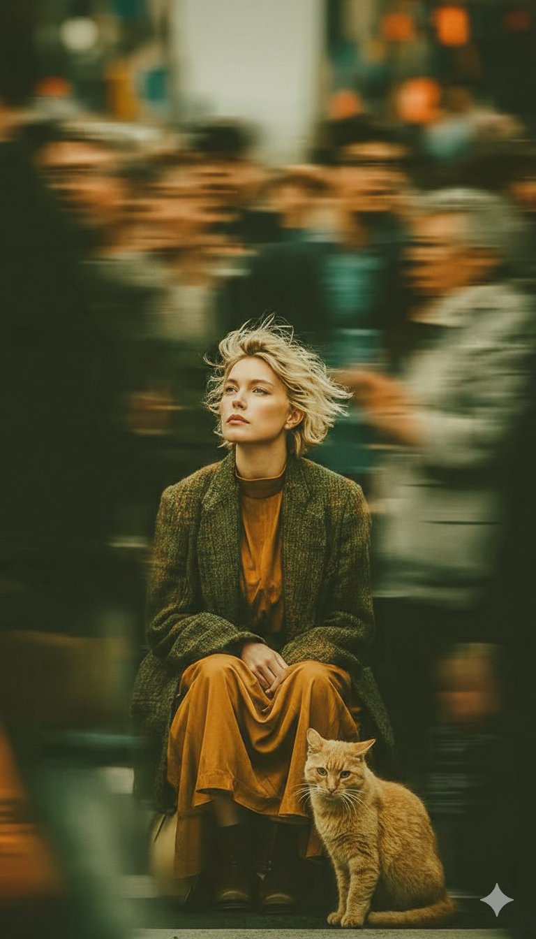 长曝光街头人像：静默女子与姜猫在黄昏广场的对比