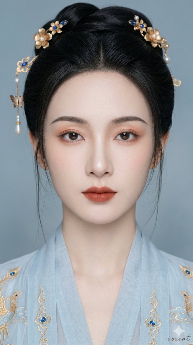 东方古风清雅女性正面肖像，超近景贴脸特写，人物正面面对镜头，头部端正，视线直视镜头，脸部几乎充满画面，构图集中，双眼位于视...