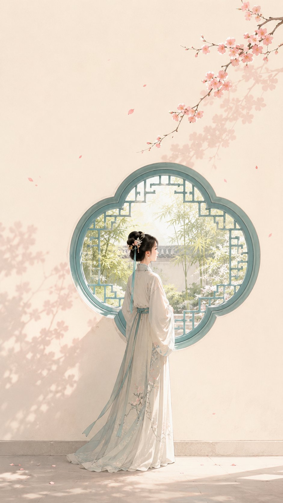 GPT Image 2 东方禅意极简人物海报:玉青花窗前的古风女性