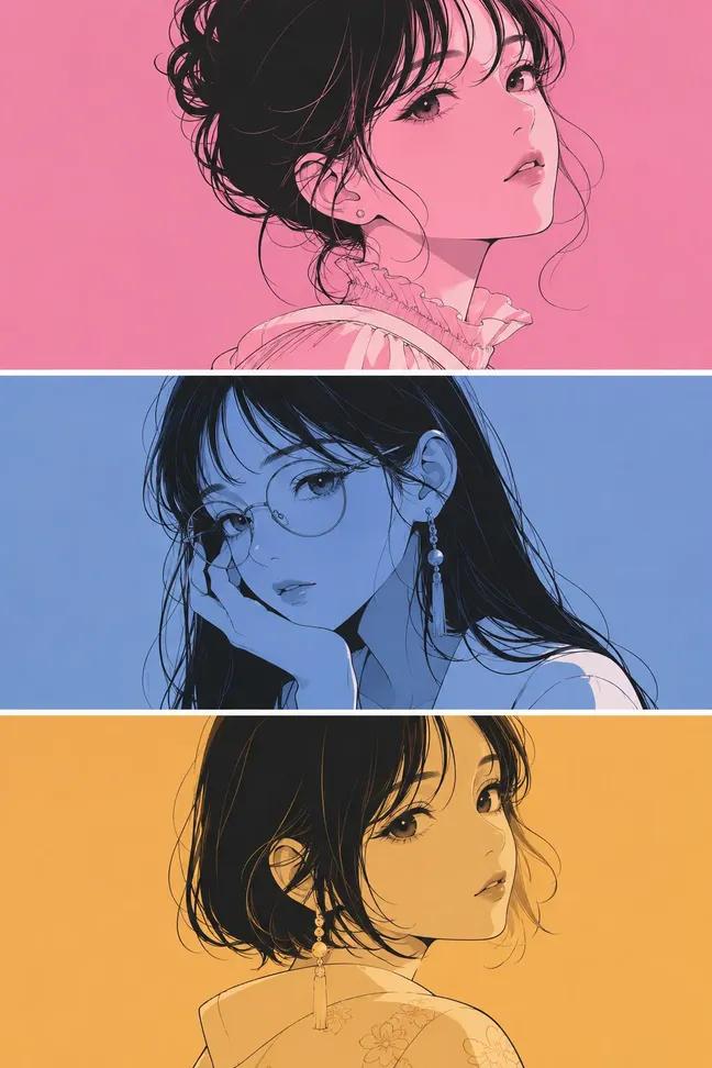 GPT Image 2 三联幅二次元少女肖像提示词