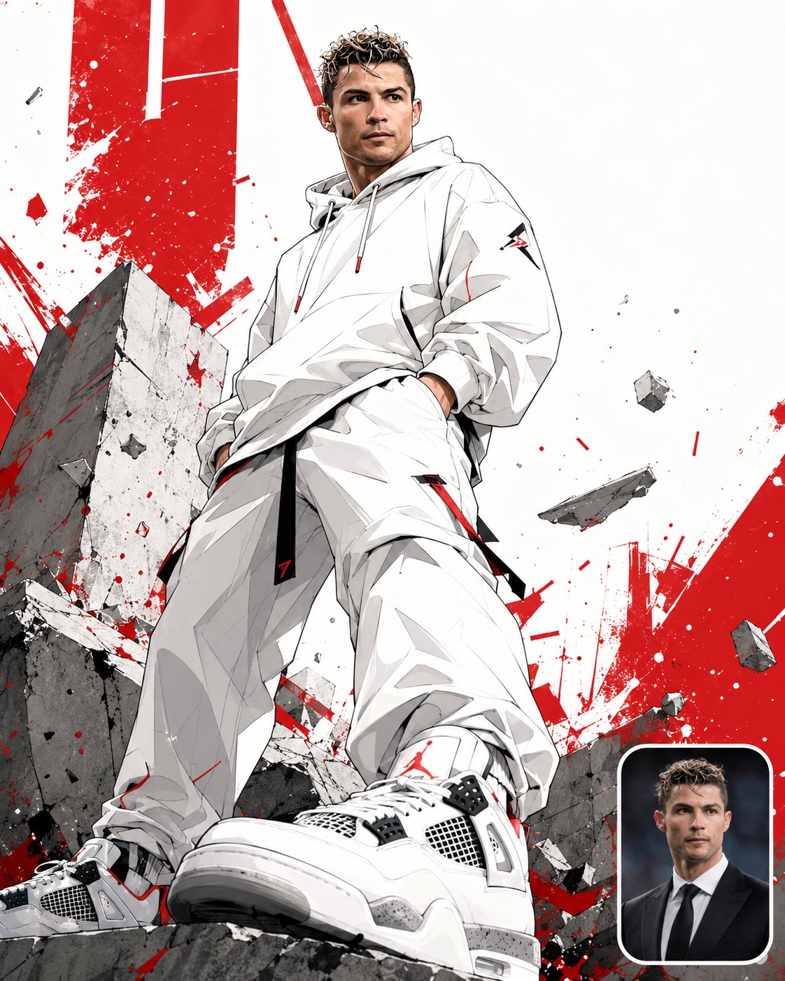 GPT Image 2 都市人物插画提示词:低机位全身构图,参考图置于底角