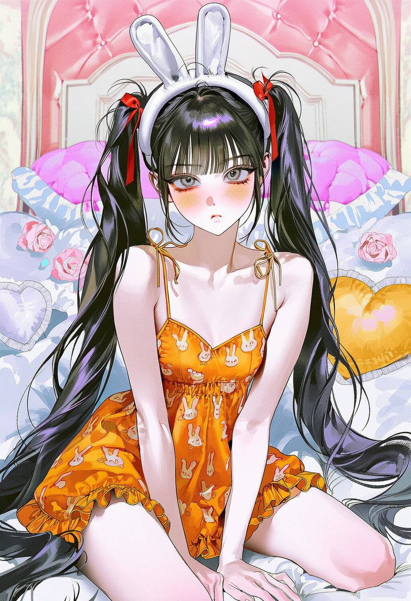 橙色兔子睡衣 룩북:兔耳发带、可爱卧室场景