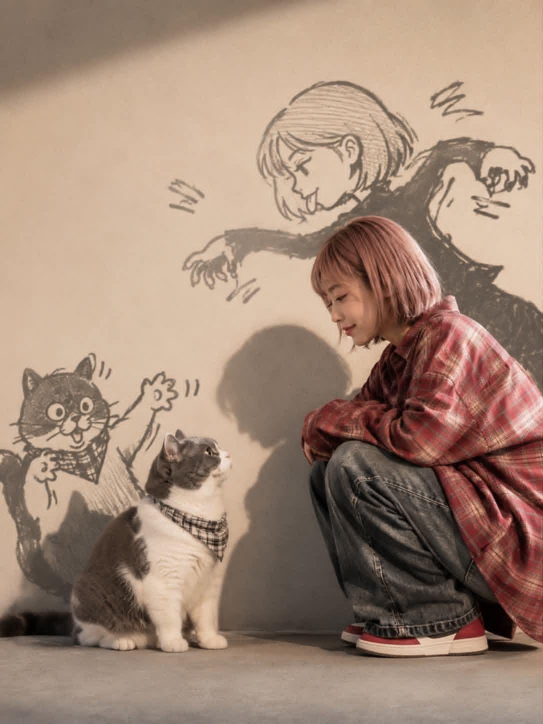 GPT Image 2 温馨二次元生活肖像:女孩与猫的影子手绘涂鸦效果